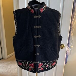 Embroidered Black Vest with Red Floral Accents